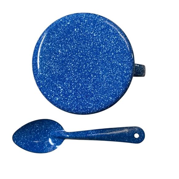 Enamelware 16 oz Coffee Mug & Spoon Set Blue White Speckled Outdoor Camping - Picture 2 of 3